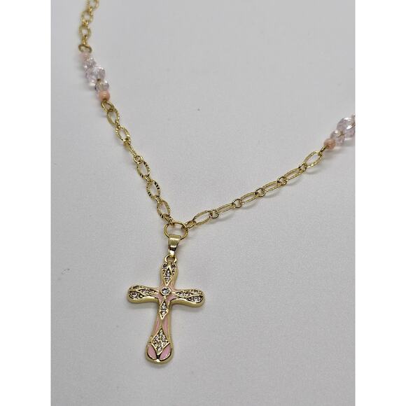 Handmade Pink Cross Necklace Gothic Enamel CZ Charm Adjustable Gold-Plated Chain - Picture 2 of 5